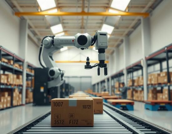 Industrial robot arm with vision sensors sorting boxes in a bright warehouse
