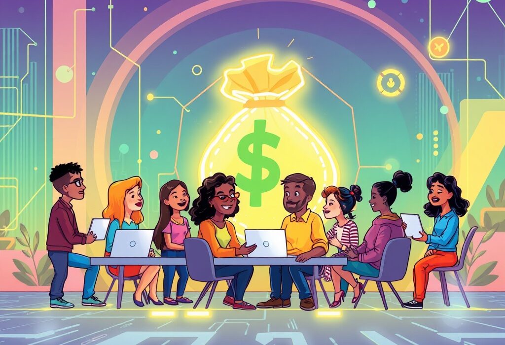 A vibrant cartoon depicting the successful Perle funding round for an AI training data platform, highlighting growth and investment.