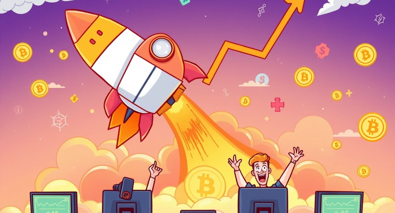 Stunning cartoon of soaring Perp DEX trading volume represented as a rocket graph.