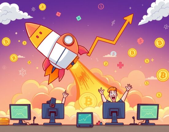 Stunning cartoon of soaring Perp DEX trading volume represented as a rocket graph.