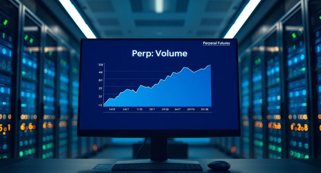 Cryptocurrency trading dashboard showing perpetual DEX volume growth to 611.6 billion dollars