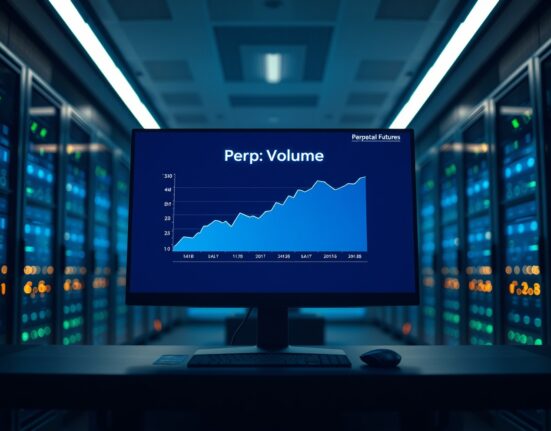 Cryptocurrency trading dashboard showing perpetual DEX volume growth to 611.6 billion dollars