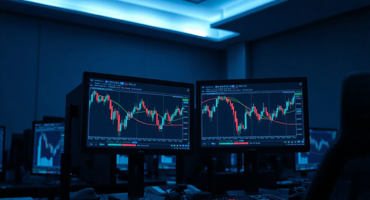 Trading monitors showing declining perp DEX volume charts in a dark trading room
