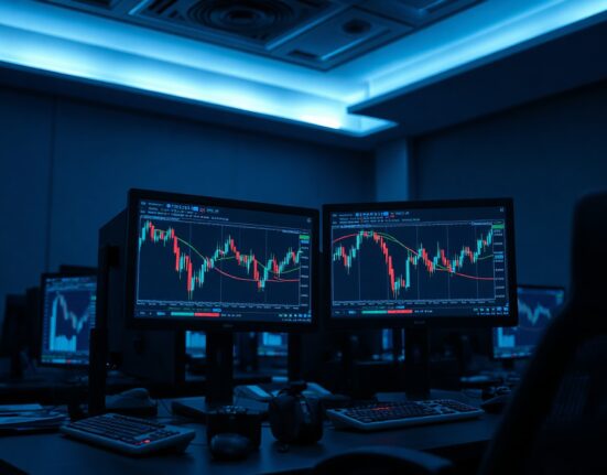 Trading monitors showing declining perp DEX volume charts in a dark trading room