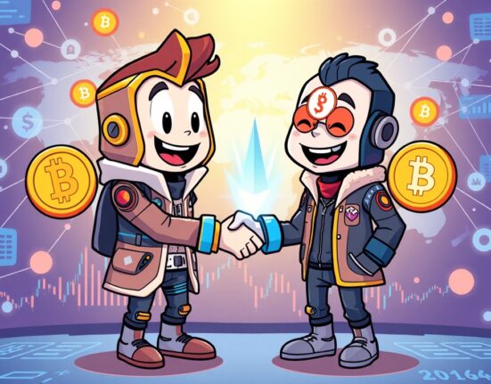 A cartoon illustration depicting the innovative perpetual DEX launch by Pharos Network and Bitverse, enabling seamless crypto and stock trading.