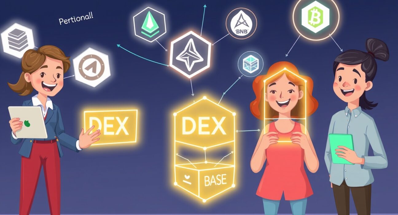 Cartoon illustration showing diverse individuals easily creating perpetual DEXs with a no-code tool, connecting to various blockchains.