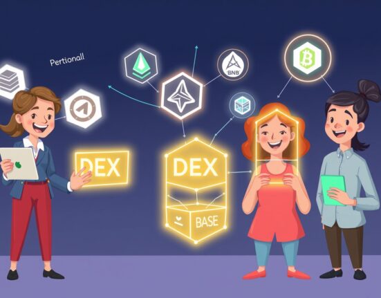 Cartoon illustration showing diverse individuals easily creating perpetual DEXs with a no-code tool, connecting to various blockchains.