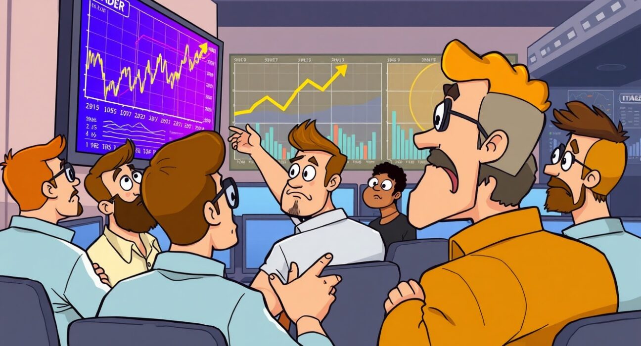 Cartoon illustration showing traders analyzing slowing perpetual futures funding rate on cryptocurrency charts