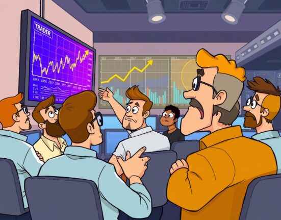 Cartoon illustration showing traders analyzing slowing perpetual futures funding rate on cryptocurrency charts