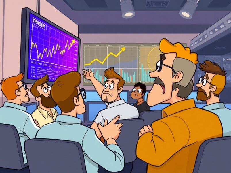 Cartoon illustration showing traders analyzing slowing perpetual futures funding rate on cryptocurrency charts