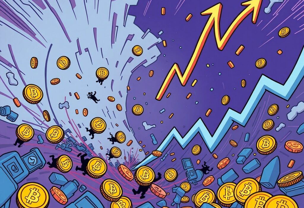 A cartoon illustration showing digital assets falling into a vortex, symbolizing significant perpetual futures liquidation in the crypto market.