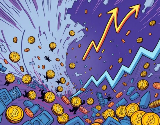 A cartoon illustration showing digital assets falling into a vortex, symbolizing significant perpetual futures liquidation in the crypto market.