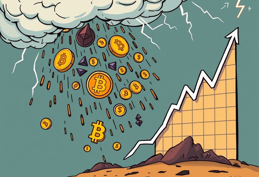 Cartoon illustrating the staggering impact of perpetual futures liquidations on crypto markets.