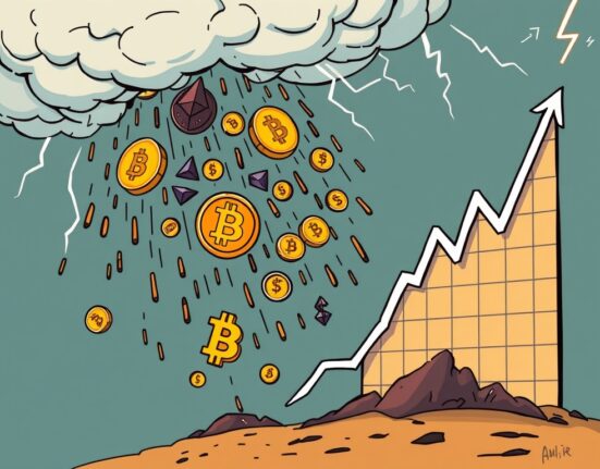 Cartoon illustrating the staggering impact of perpetual futures liquidations on crypto markets.