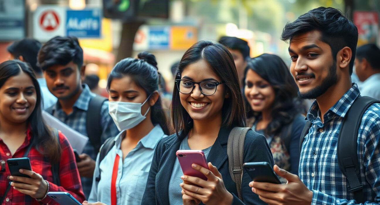 Indian smartphone users in a city street, one holding a phone with an AI assistant interface