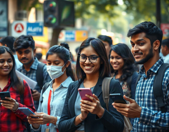 Indian smartphone users in a city street, one holding a phone with an AI assistant interface