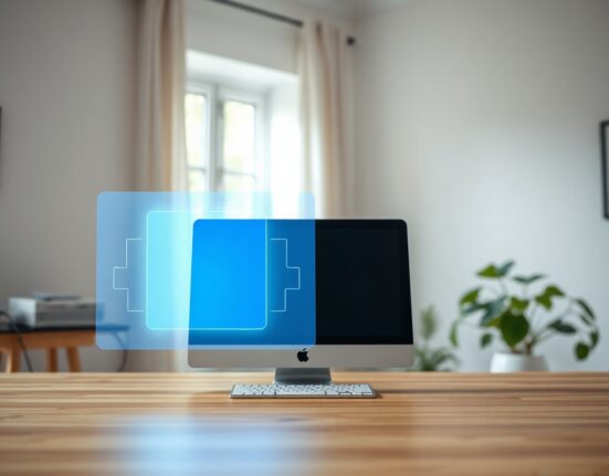 Mac device on a desk with an AI agent interface overlay representing Perplexity Personal Computer