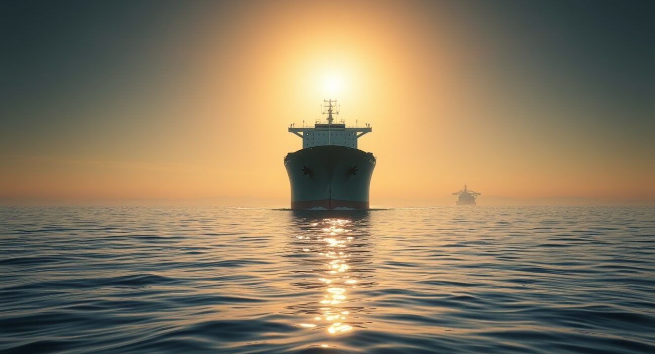 Large oil tanker in the Strait of Hormuz at sunrise, representing geopolitical risk to oil supply.