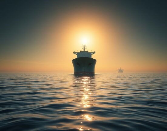 Large oil tanker in the Strait of Hormuz at sunrise, representing geopolitical risk to oil supply.