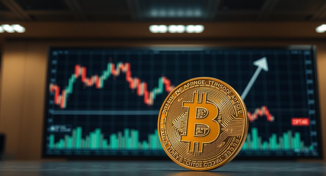 Bitcoin coin in foreground with bearish chart pattern in background, representing market analysis.