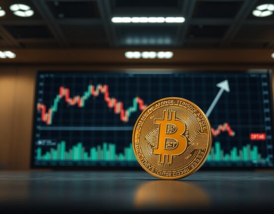 Bitcoin coin in foreground with bearish chart pattern in background, representing market analysis.