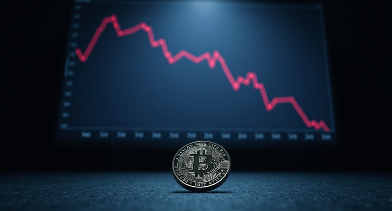 Bitcoin coin on dark surface with red downward-trending chart in background, representing bear market analysis
