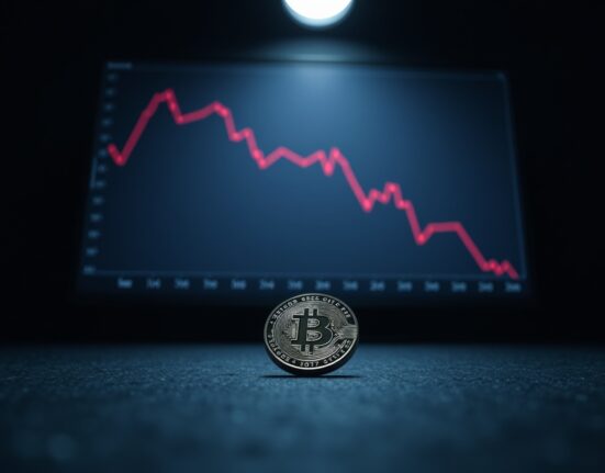 Bitcoin coin on dark surface with red downward-trending chart in background, representing bear market analysis
