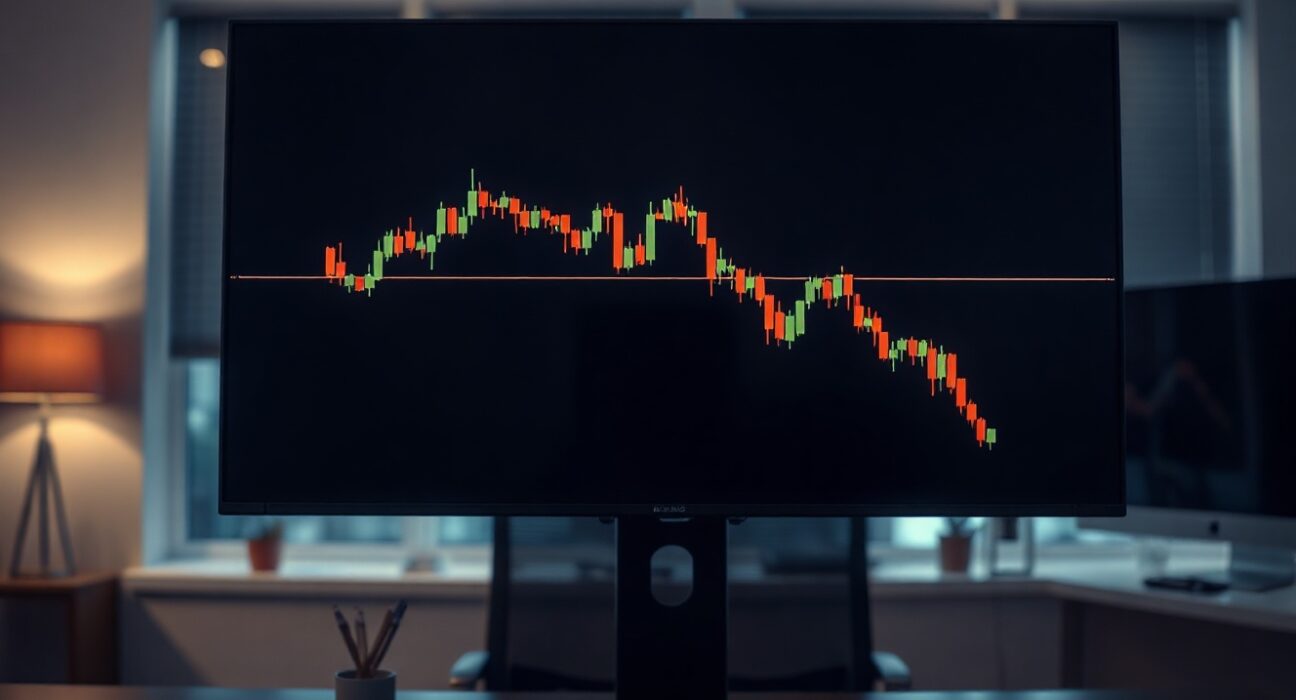 Bitcoin price chart on a monitor in a trading office, with a downward trend line.