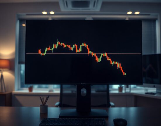 Bitcoin price chart on a monitor in a trading office, with a downward trend line.