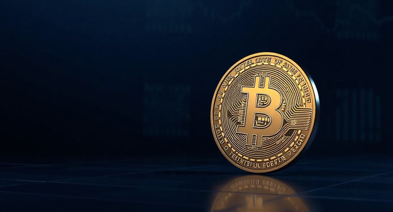 Bitcoin coin on dark background with subtle chart grid lines