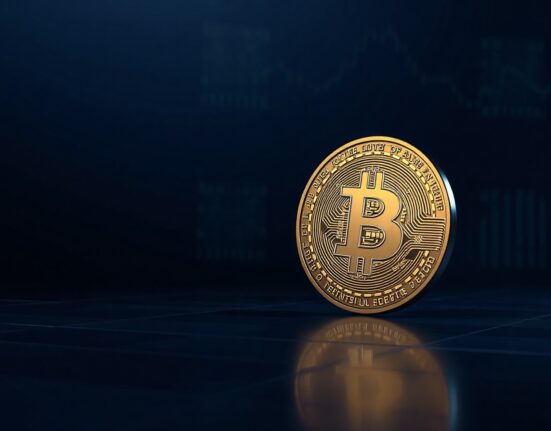 Bitcoin coin on dark background with subtle chart grid lines