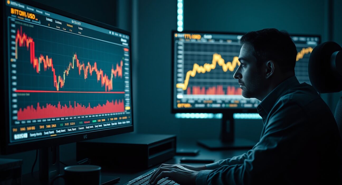Trader analyzing Bitcoin and gold price charts on dual monitors in a dim office