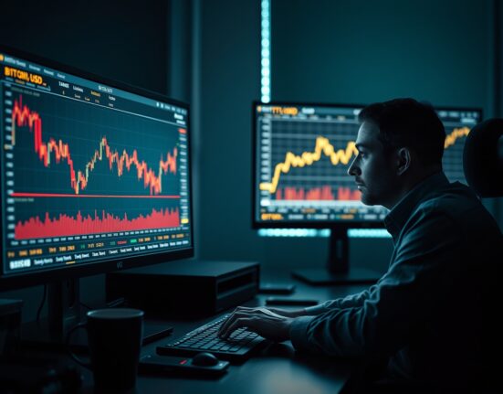 Trader analyzing Bitcoin and gold price charts on dual monitors in a dim office