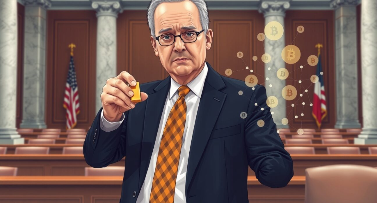 Peter Schiff discusses banking lobby power versus cryptocurrency regulation in congressional setting with gold and digital assets.