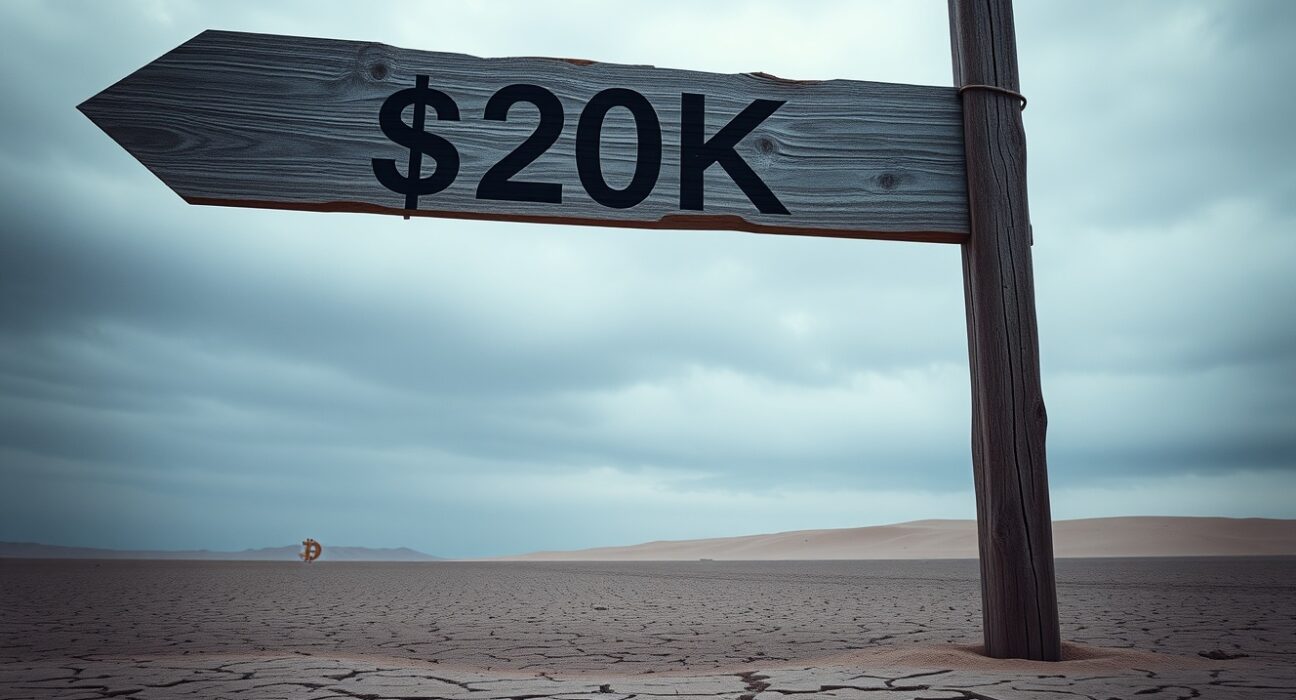 Wooden signpost pointing down to $20K in a desert landscape with a fading Bitcoin symbol in the background.