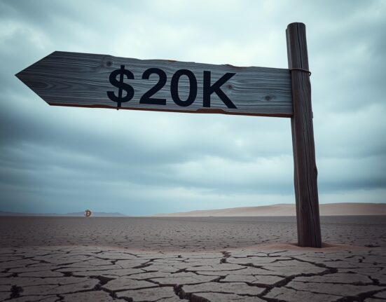 Wooden signpost pointing down to $20K in a desert landscape with a fading Bitcoin symbol in the background.