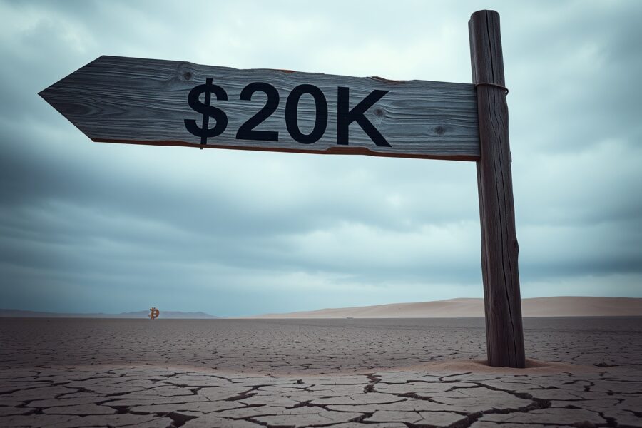 Wooden signpost pointing down to $20K in a desert landscape with a fading Bitcoin symbol in the background.