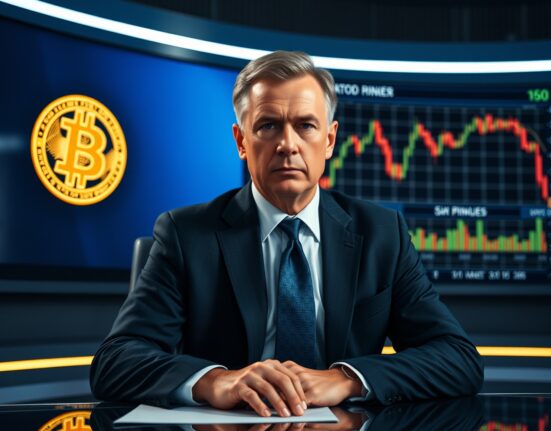 Peter Schiff in a newsroom setting with Bitcoin and stock chart on screen behind him