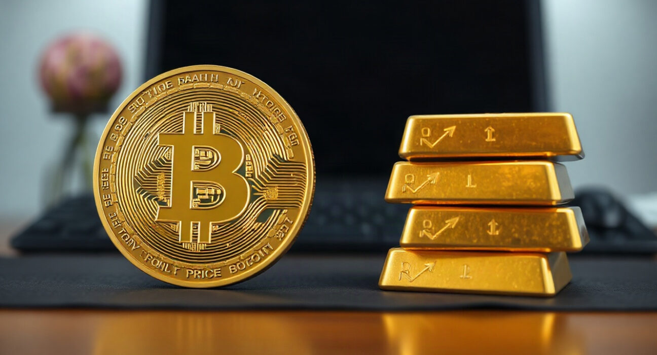 Bitcoin coin and gold bars side by side, representing the debate between BTC and gold investments.