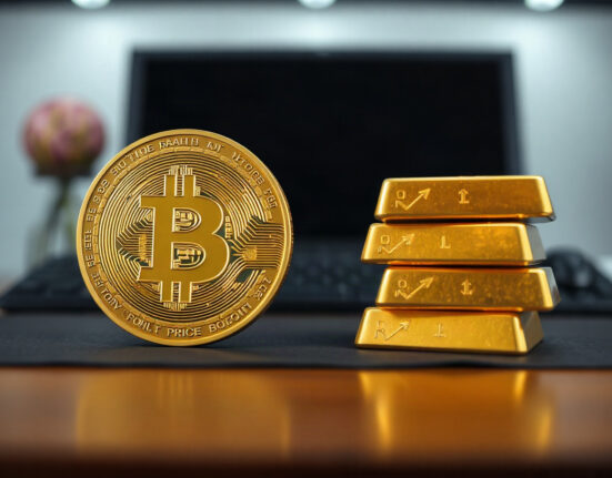 Bitcoin coin and gold bars side by side, representing the debate between BTC and gold investments.