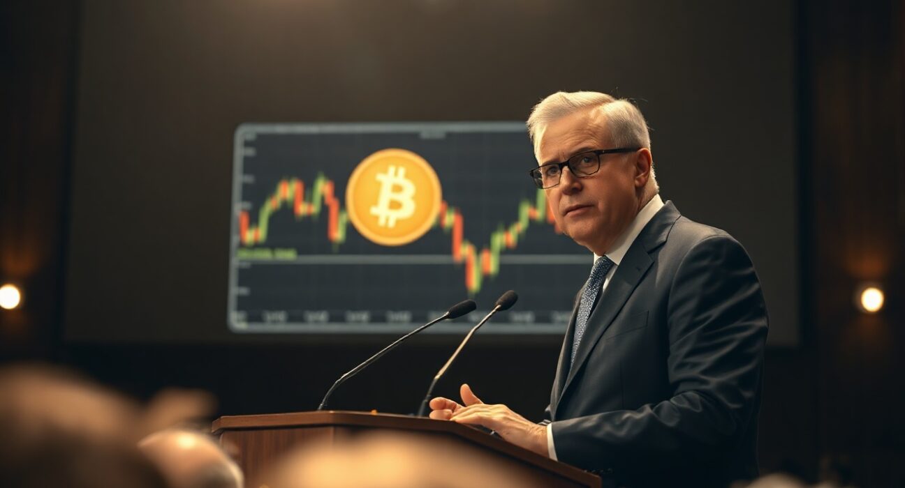 Peter Schiff speaking at a conference with a Bitcoin logo and chart on screen behind him.