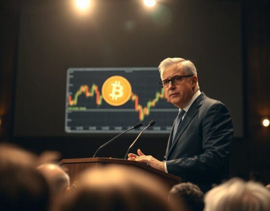 Peter Schiff speaking at a conference with a Bitcoin logo and chart on screen behind him.