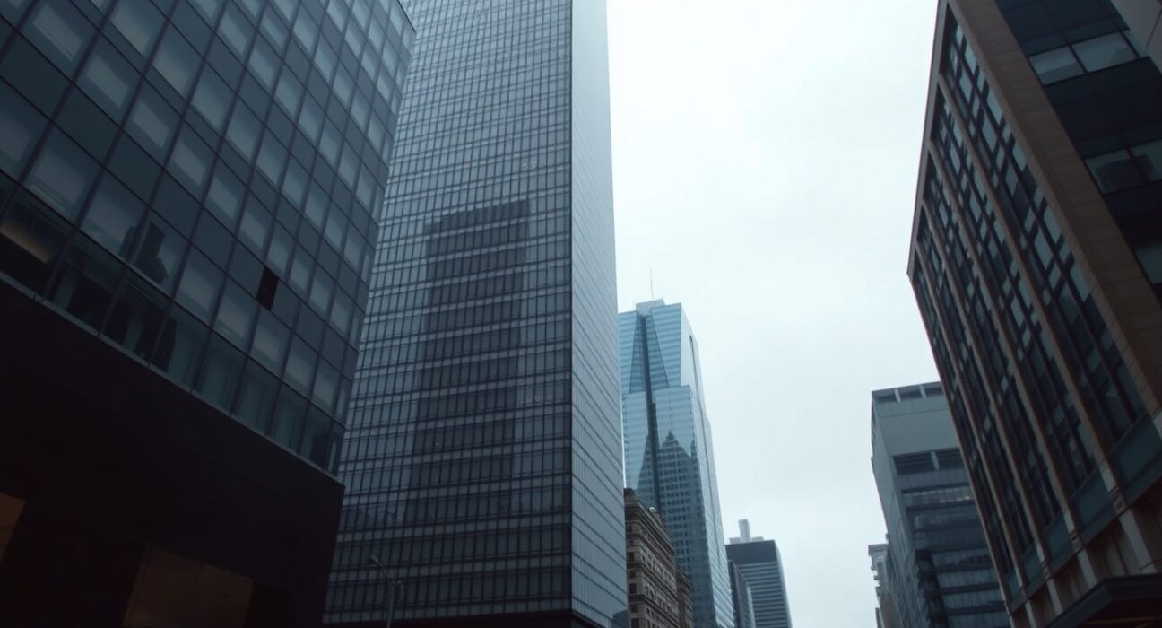 Empty glass skyscraper representing Bitcoin as an asset with no cash flow, under overcast sky