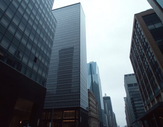 Empty glass skyscraper representing Bitcoin as an asset with no cash flow, under overcast sky