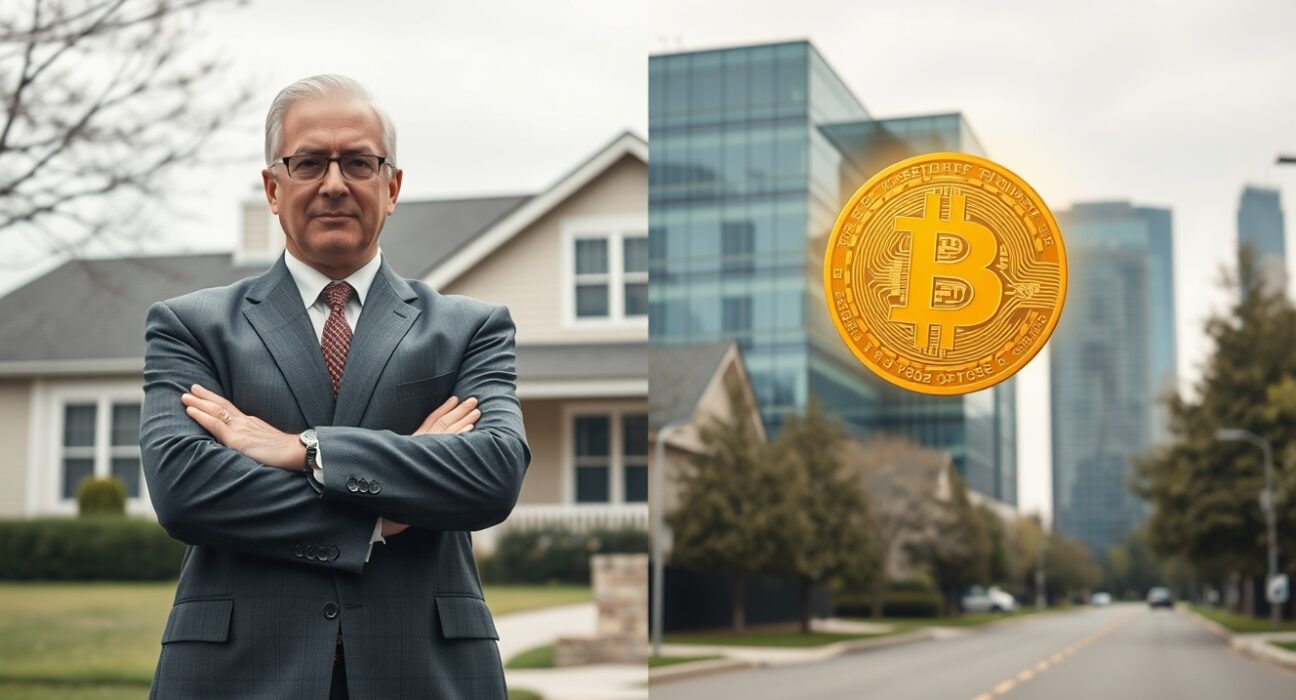 Peter Schiff and Bitcoin symbol in front of real estate houses, representing skepticism toward cryptocurrency in property markets.