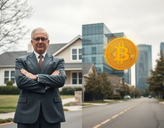 Peter Schiff and Bitcoin symbol in front of real estate houses, representing skepticism toward cryptocurrency in property markets.