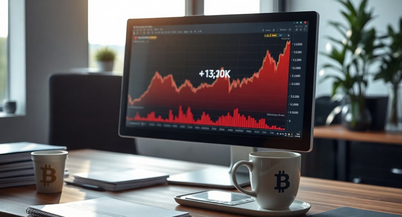 Bitcoin price chart on a computer monitor in a modern office, reflecting market analysis.