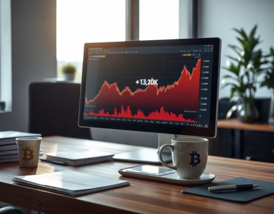 Bitcoin price chart on a computer monitor in a modern office, reflecting market analysis.