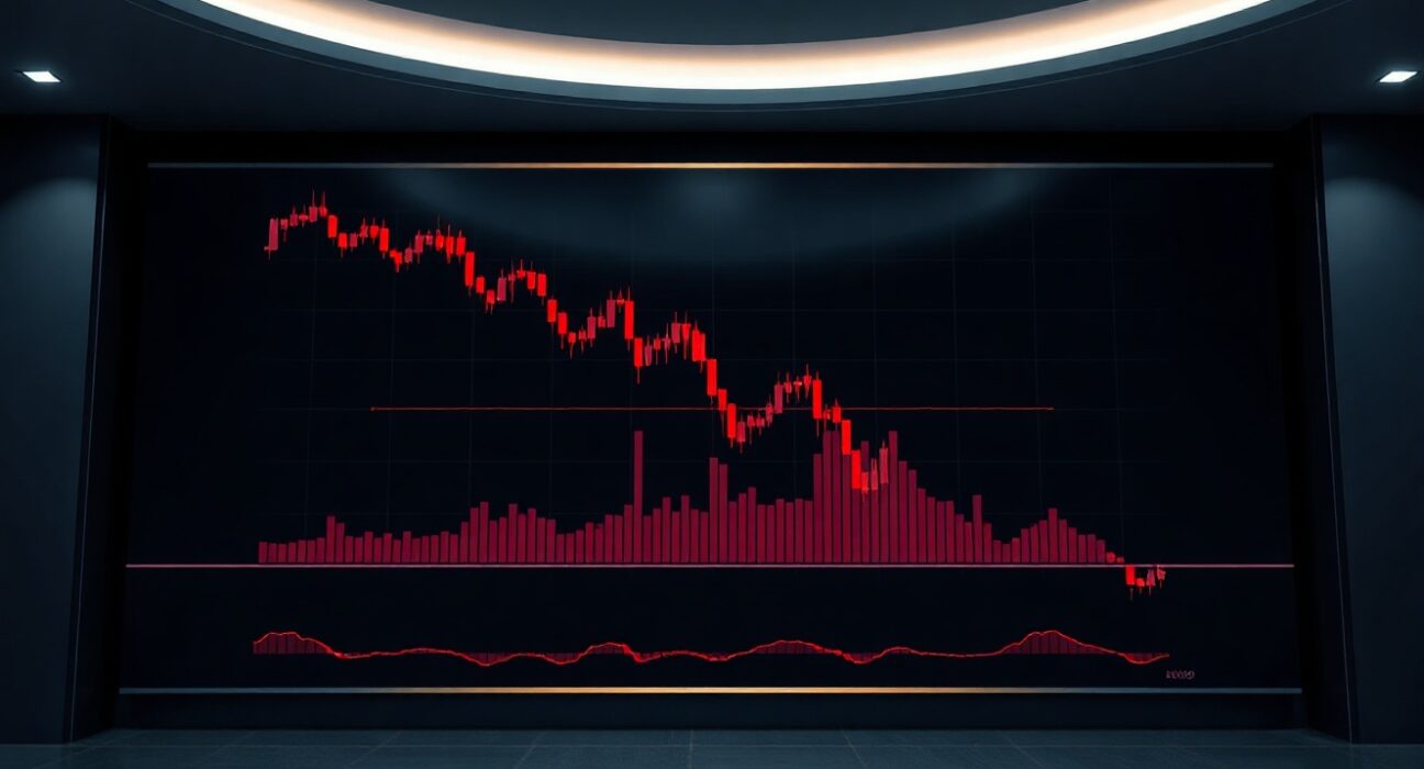 Bitcoin price chart with red candlesticks falling below $50,000 support level in a financial news studio
