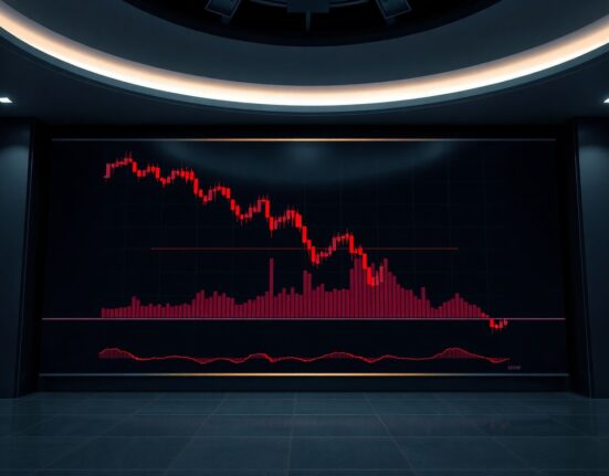 Bitcoin price chart with red candlesticks falling below $50,000 support level in a financial news studio